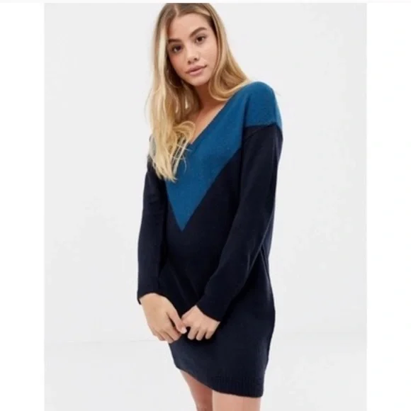 BRAVE SOUL ASOS Blue V-Neck Chevron Jumper Dress M - Picture 5 of 9